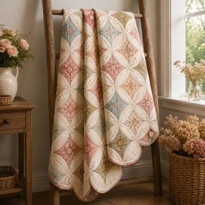 May include: A quilted blanket featuring a repeating pattern of cream-colored circles and diamond shapes in muted shades of dusty rose, sage green, and soft blue. The fabric has a detailed floral print and scalloped edges, draped over a wooden ladder.