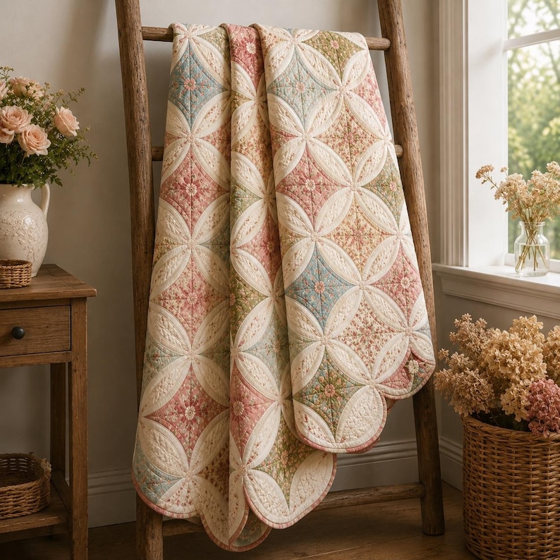May include: A quilted blanket featuring a repeating pattern of cream-colored circles and diamond shapes in muted shades of dusty rose, sage green, and soft blue. The fabric has a detailed floral print and scalloped edges, draped over a wooden ladder.