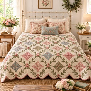 May include: A quilted bedspread featuring a repeating pattern of cream, pink, blue, and green floral squares connected by green vine motifs. The bedding set includes two matching square pillows and one rectangular blue accent pillow with floral embroidery.