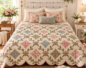 May include: A quilted bedspread featuring a repeating pattern of cream, pink, blue, and green floral squares connected by green vine motifs. The bedding set includes two matching square pillows and one rectangular blue accent pillow with floral embroidery.