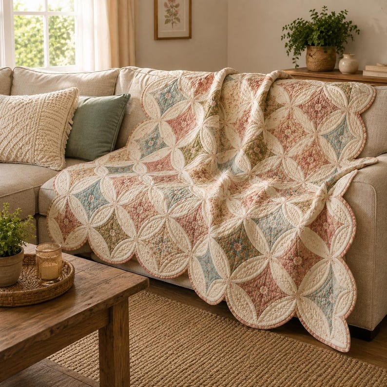 May include: A quilted throw blanket featuring a repeating pattern of cream-colored circles and diamond-shaped inserts in muted shades of dusty rose, sage green, and slate blue. The blanket has a scalloped edge and intricate stitching throughout.