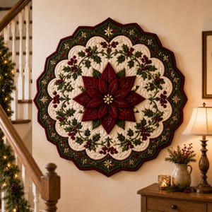 May include: A circular quilted wall hanging featuring a central deep red poinsettia flower surrounded by a wreath of green holly leaves and red berries on a cream background, finished with a scalloped dark green border and gold accents.