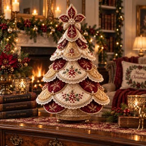 May include: A decorative tabletop Christmas tree constructed from layered, quilted fabric panels in deep red and gold. The scalloped edges are trimmed with white lace and small pearls. The tree features embroidered snowflake and floral motifs.