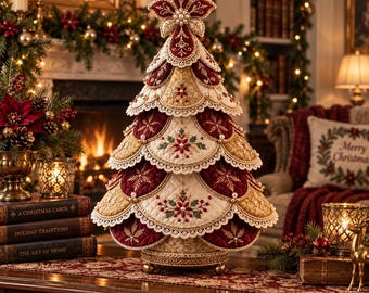 May include: A decorative tabletop Christmas tree constructed from layered, quilted fabric panels in deep red and gold. The scalloped edges are trimmed with white lace and small pearls. The tree features embroidered snowflake and floral motifs.