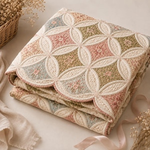 May include: A folded quilt featuring a repeating circular pattern with scalloped edges. The fabric displays a floral print in muted shades of dusty pink, sage green, and soft blue, accented by cream-colored stitching that defines the geometric shapes.