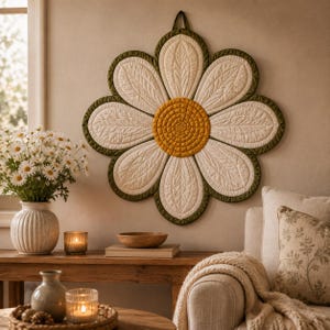 May include: A large, circular, quilted wall hanging shaped like a daisy flower. It features a central, textured mustard yellow circular core surrounded by eight cream-coloured petals, each outlined with a dark olive green fabric border.