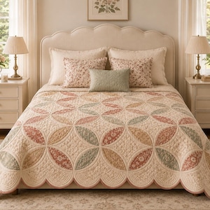 May include: A cream-colored quilt featuring a repeating circular pattern with muted floral accents in shades of sage green, dusty rose, and tan. The quilt has a scalloped edge and is displayed on a bed with two large pillows and a small rectangular pillow.