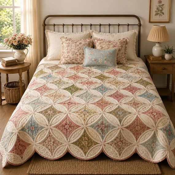 Cathedral Window Style Quilt Pattern PDF, Cottage Petals Coverlet, Scalloped Floral Bedspread, Queen Sewing Tutorial