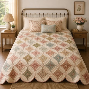 May include: A bed featuring a quilt with a scalloped edge and a repeating pattern of cream-colored circles enclosing diamond shapes in muted shades of pink, green, and blue. The bed includes two large cream pillows, two floral pillows, and one small blue pillow.