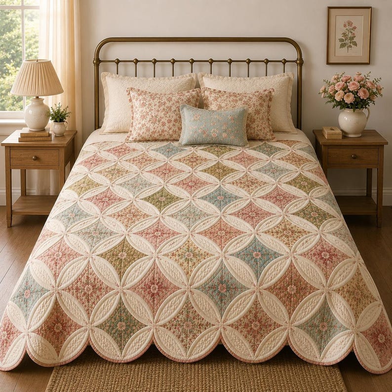 May include: A bed featuring a quilt with a scalloped edge and a repeating pattern of cream-colored circles enclosing diamond shapes in muted shades of pink, green, and blue. The bed includes two large cream pillows, two floral pillows, and one small blue pillow.