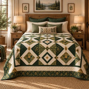 May include: A bed quilt featuring a geometric diamond pattern in shades of forest green, cream, and gold. The quilt has a border with a floral print and is layered over a bed with matching green and cream pillows, including a central lumbar pillow.