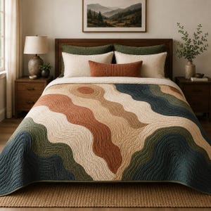 May include: A quilt featuring a wavy, abstract pattern in shades of dark blue, olive green, tan, and terracotta. The design consists of undulating bands of color with a textured, stitched finish, covering a bed with matching pillows and a bolster.