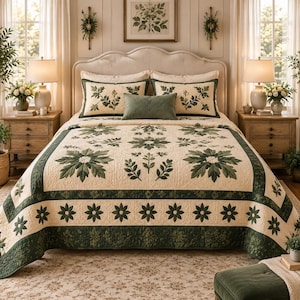 Puede incluir: Una colcha de color crema con patrones botánicos de hojas y flores en verde oscuro, que incluye un motivo floral central, un borde de flores en forma de estrella y fundas de almohada a juego con un cojín rectangular verde sólido.