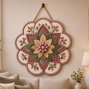 May include: A circular quilted wall hanging featuring a layered floral design in shades of dusty rose, sage green, and cream. The center is adorned with a cluster of small, round, rose-colored spheres, and the piece is suspended by a thick rope.