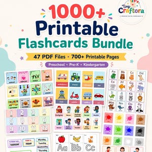 May include: A digital bundle of 1000+ printable flashcards featuring 47 PDF files and 700+ pages. The educational set includes colorful cards for months, numbers, vehicles, occupations, alphabet letters, colors, days of the week, and actions.
