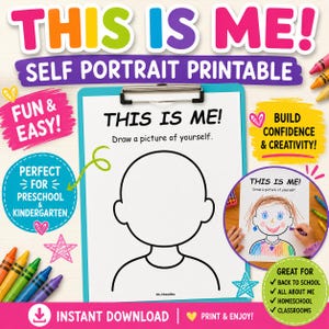 May include: A self-portrait printable activity sheet on a clipboard with the text THIS IS ME! Draw a picture of yourself. The sheet features a black outline of a head and shoulders. A circular inset shows a completed drawing with colorful hair.