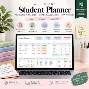 May include: An all-in-one student planner Excel spreadsheet displayed on a laptop screen. The dashboard features an assignment tracker, grade calculator, GPA tracker, and study planner. The interface includes tables with academic data, progress bars, and status indicators for various subjects. The layout is organised with clear headings and colour-coded sections for tracking coursework, grades, and credits.