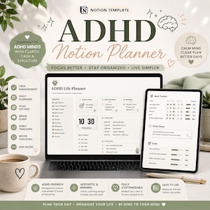 ADHD Notion Planner Template | Overwhelm-Friendly All-In-One Life Planner | Guided Beginner Dashboard, Habit Tracker & Goals
