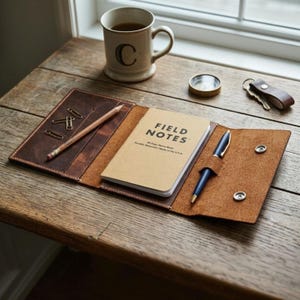 May include: A brown leather notebook cover containing a tan Field Notes memo book, a wooden pencil, and a blue ballpoint pen. The cover features metal snap closures, interior pockets with three metal paper clips, and visible stitching.