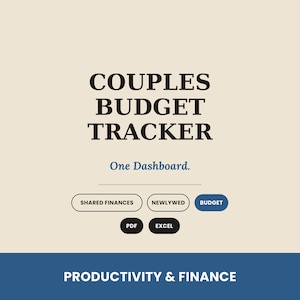 Op de afbeelding: Een digitale budgettracker-afbeelding met een crèmekleurige achtergrond en een donkerblauwe voettekst. De tekst luidt: COUPLES BUDGET TRACKER, One Dashboard, SHARED FINANCES, NEWLYWED, BUDGET, PDF, EXCEL en PRODUCTIVITY & FINANCE. Layout met knoppen.