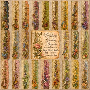 Puede incluir: Una colección de 24 bordes digitales verticales con arreglos florales, mariposas y pájaros. La etiqueta central dice Heirloom Garden Borders 24pc Clipart Bundle PNG 300DPI Commercial Use. Cada borde tiene un acabado de encaje festoneado.