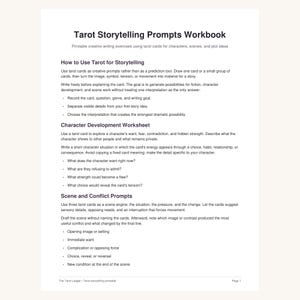 Op de afbeelding: Een wit document getiteld Tarot Storytelling Prompts Workbook met zwarte tekst. Het bevat secties over het gebruik van tarot voor storytelling, een werkblad voor karakterontwikkeling en prompts voor scènes en conflicten.