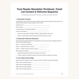 Peut inclure: Un classeur imprimable pour newsletter de lecteur de tarot comprenant des sections pour l'objectif de la newsletter, la séquence de bienvenue des abonnés et un plan de contenu de quatre semaines avec des lignes vides pour écrire.
