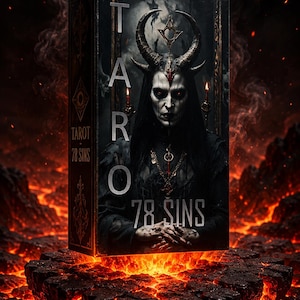 May include: A rectangular tarot card deck box titled Tarot 78 Sins. The box features a dark, gothic illustration of a horned figure with pale skin and red eyes. The text Tarot 78 Sins is printed on the front in a vertical and horizontal layout.