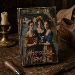 May include: A rectangular box for Popular Tarot cards featuring a printed illustration of three individuals in historical attire holding small cups by a stone bridge. The text Popular Tarot is printed in a decorative red font on the front cover.