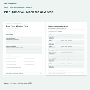 Könnte beinhalten: Ein zweiseitiges Kleingruppen-Unterrichtsset mit dem Text MAPLEDESKPRINTS, SMALL GROUP INSTRUCTION KIT und Plan. Observe. Teach the next step. Die Seiten enthalten Abschnitte für Group Focus & Starting Point und Session Observation Notes.
