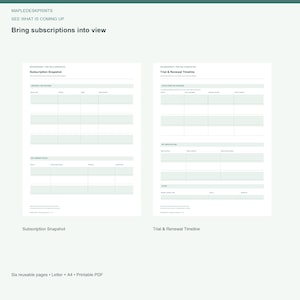 Planilha de acompanhamento de assinaturas para TDAH (imprimível), registro de renovação e cancelamento de testes gratuitos, planejador de acompanhamento, formato PDF tamanho A4.