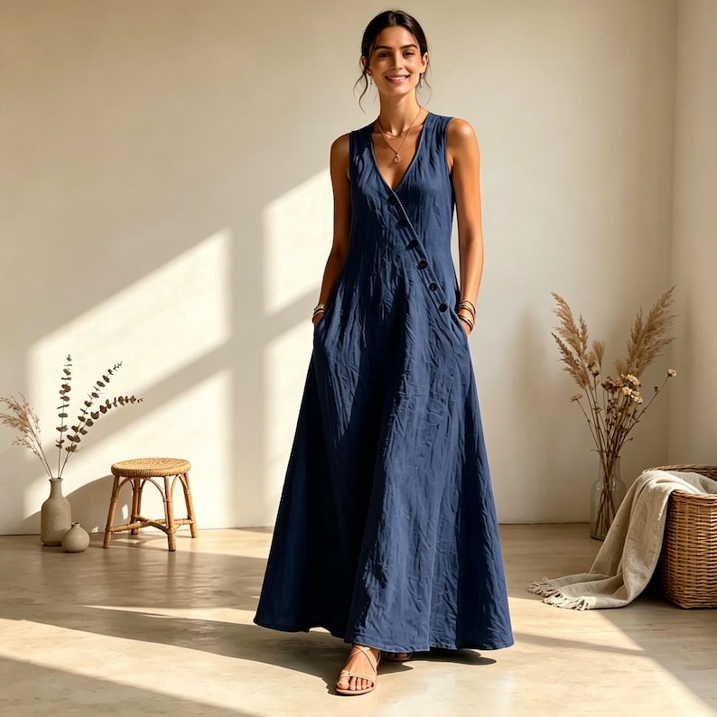 Puede incluir: Un vestido largo azul marino sin mangas con escote en V y una tapeta de botones diagonal en la parte delantera. El vestido tiene una silueta relajada y fluida que llega hasta el suelo, confeccionado en un tejido texturizado con bolsillos laterales.