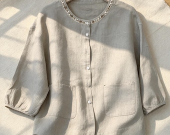 Loose Comfortable Cotton Linen Blouse | Vintage Artistic Button-Up | Long Sleeve Commuter Cardigan | Gift for Mom