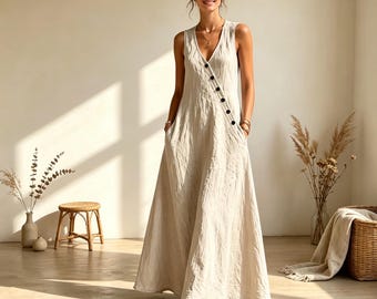 Damenkleid aus Baumwoll-Leinen-Mischgewebe – Ärmelloses Sommeroutfit – Strandkleid – Lockere Leinenkleidung