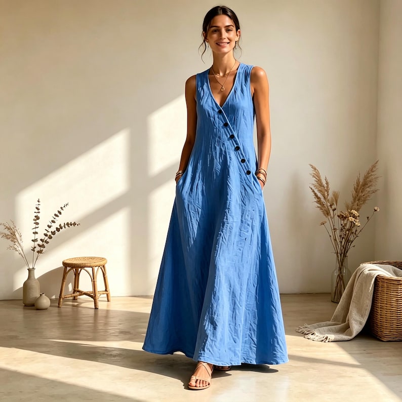 Puede incluir: Un vestido azul sin mangas que llega hasta el suelo, con escote en V y una fila diagonal de botones oscuros que se extiende desde el hombro hasta la cintura. La prenda tiene una silueta relajada y fluida con falda amplia y bolsillos.