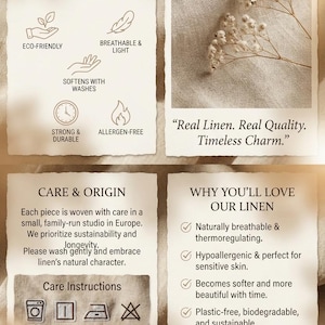 Puede incluir: Una infograf&iacute;a sobre tela de lino aut&eacute;ntica hecha a mano. Incluye texto que detalla propiedades ecol&oacute;gicas, transpirables y duraderas, instrucciones de cuidado como lavado a m&aacute;quina en fr&iacute;o y no usar lej&iacute;a, y la frase Real Linen. Real Quality. Timeless Charm.