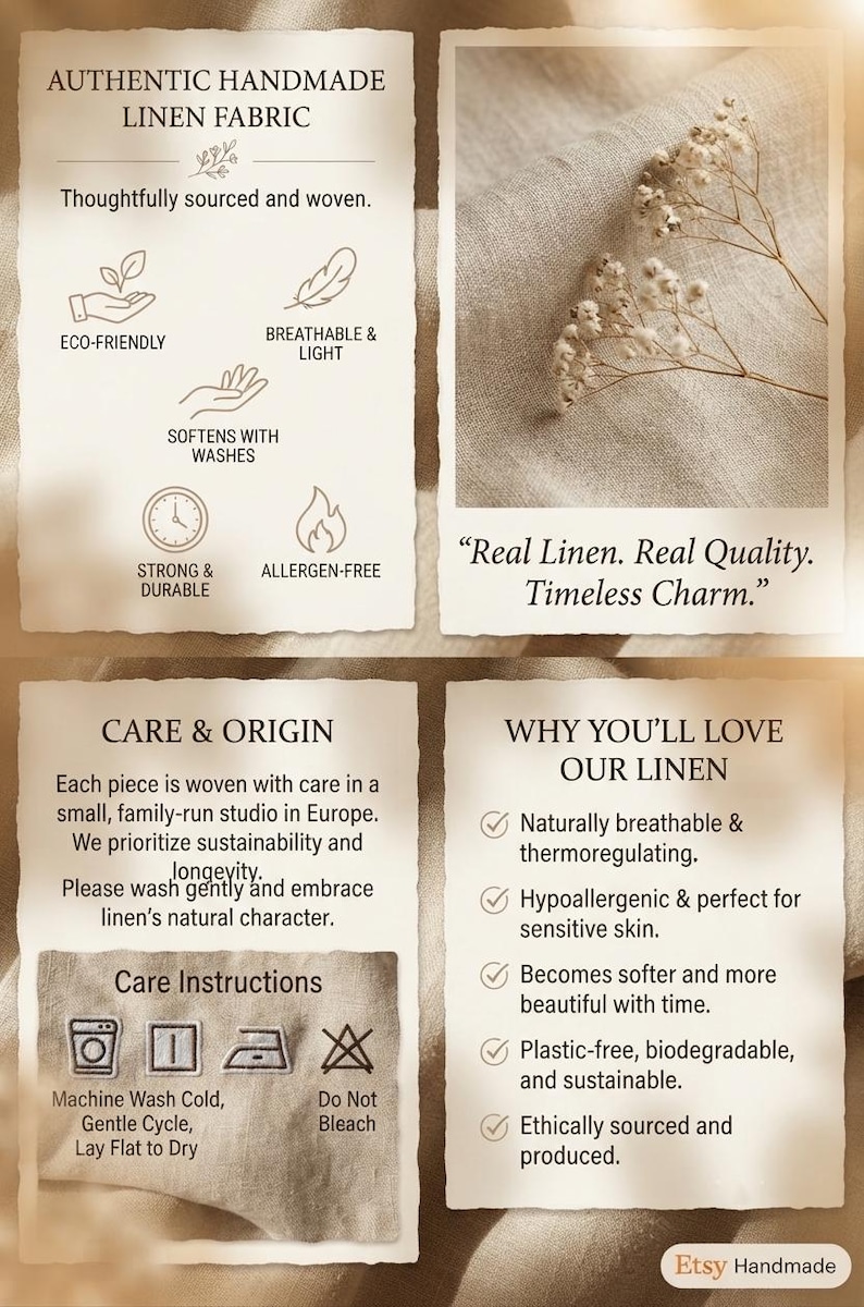 Puede incluir: Una infograf&iacute;a sobre tela de lino aut&eacute;ntica hecha a mano. Incluye texto que detalla propiedades ecol&oacute;gicas, transpirables y duraderas, instrucciones de cuidado como lavado a m&aacute;quina en fr&iacute;o y no usar lej&iacute;a, y la frase Real Linen. Real Quality. Timeless Charm.
