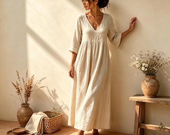 Vestido largo de algodón y lino para mujer - Vestido de manga corta - Vestido de playa vaporoso - Vestido de vacaciones estilo bohemio