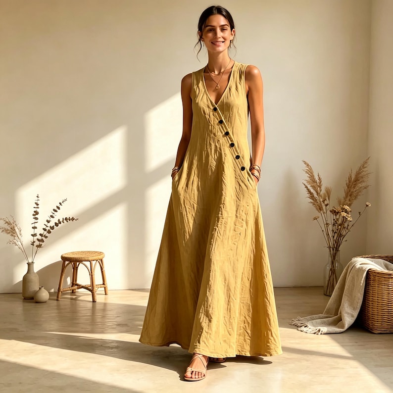 Puede incluir: Un vestido largo sin mangas de color amarillo mostaza con escote en V y una fila diagonal de botones oscuros que se extiende desde el hombro hasta la cintura. La prenda tiene una silueta holgada hasta el suelo con falda amplia y bolsillos.