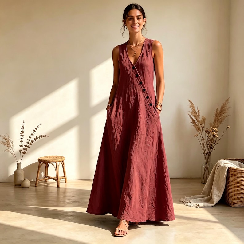 Puede incluir: Un vestido largo sin mangas de color rojo terracota intenso. El vestido presenta un escote en V, un corpi&ntilde;o ajustado y una tapeta de botones diagonal que va desde el hombro hasta la cintura, con una falda amplia y fluida y bolsillos laterales.