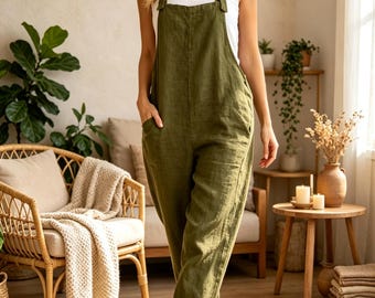 Women's Cotton Linen Jumpsuit - Wide Leg Adjustable Strap - Bohemian Overall Beach With Pockets