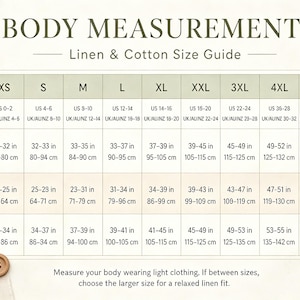 Puede incluir: Una tabla de gu&iacute;a de tallas titulada BODY MEASUREMENTS Linen & Cotton Size Guide. La tabla enumera tallas desde XS hasta 6XL con rangos correspondientes de EE. UU. y Reino Unido/AU/NZ, adem&aacute;s de medidas de busto, cintura y cadera en pulgadas y cm.