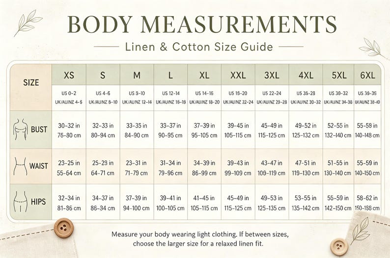 Puede incluir: Una tabla de gu&iacute;a de tallas titulada BODY MEASUREMENTS Linen & Cotton Size Guide. La tabla enumera tallas desde XS hasta 6XL con rangos correspondientes de EE. UU. y Reino Unido/AU/NZ, adem&aacute;s de medidas de busto, cintura y cadera en pulgadas y cm.