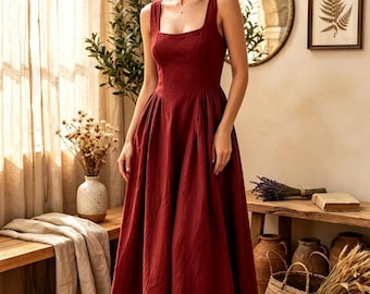 Vestido de algodón y lino para mujer, ideal para fiestas, sin mangas, estilo bohemio holgado, vestido midi, ligero y casual para el verano.