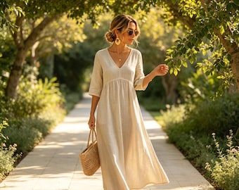 Vestido largo bohemio de algodón y lino hecho a mano - Escote en V - Corte holgado - Corte en A extragrande