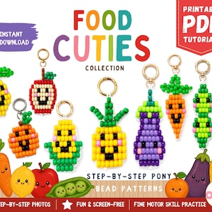 Könnte beinhalten: Eine Sammlung von Food Cuties Pony-Perlenmustern mit druckbaren PDF-Anleitungen für Schlüsselanhänger in Form von Ananas, Karotte, Aubergine, Mais, Apfel und Erbsen. Die Grafik enthält den Text Food Cuties Collection und Step-by-Step Pony Bead Patterns.