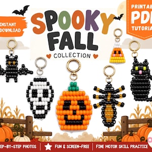 Peut inclure: Une collection de porte-clés en perles comprenant une chauve-souris noire, un crâne blanc et noir, une citrouille orange, une araignée noire et jaune, un chat noir et un bonbon maïs. Le texte indique SPOOKY FALL COLLECTION et PRINTABLE PDF TUTORIALS.