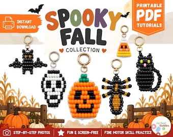 Puede incluir: Una colección de llaveros de cuentas con un murciélago negro, una calavera blanca y negra, una calabaza naranja, una araña negra y amarilla, un gato negro y un caramelo de maíz. El texto dice SPOOKY FALL COLLECTION y PRINTABLE PDF TUTORIALS.