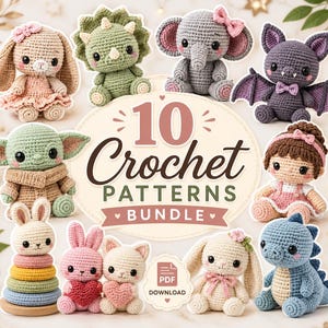 Pacchetto di 10 modelli di amigurumi all'uncinetto, cuccioli di animali in formato PDF (download digitale)
