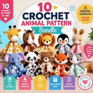 Op de afbeelding: Een digitaal pakket met 10 haakpatronen voor knuffeldoekjes, waaronder een giraf, paard, leeuw, pinguïn, konijn, olifant, panda, beer, vos en kat. De afbeelding bevat de tekst 10 Crochet Animal Pattern Bundle.
